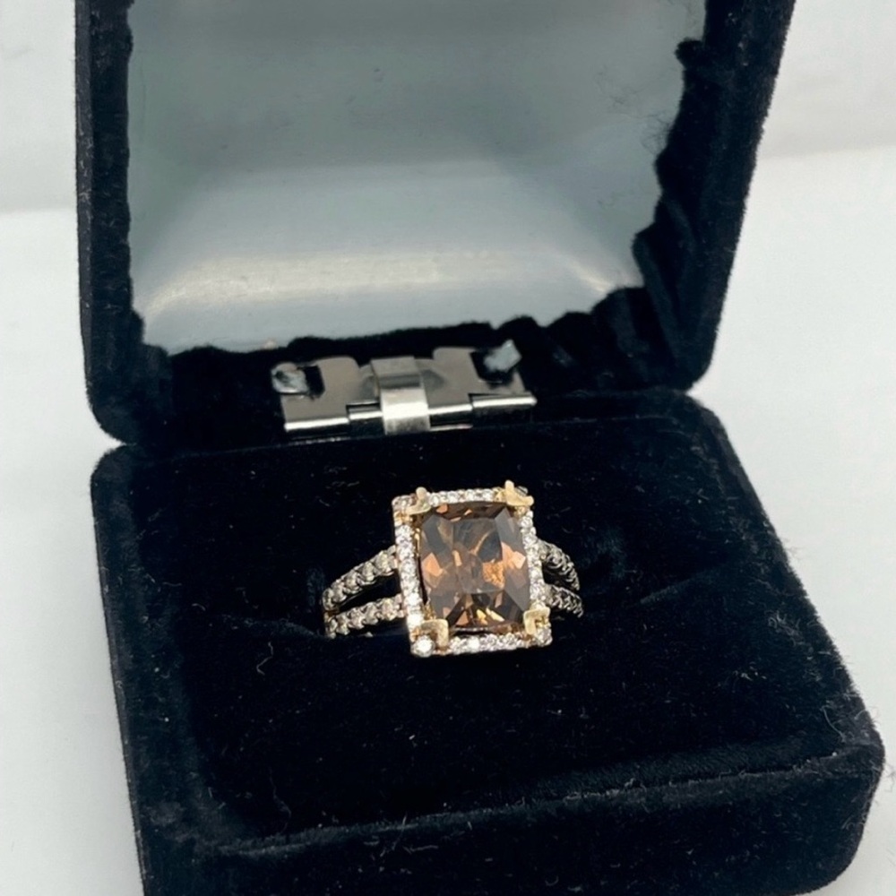 Le Vian Rose Gold and Chocolate Emerald Cut Quartz Ring. Size 6.5
